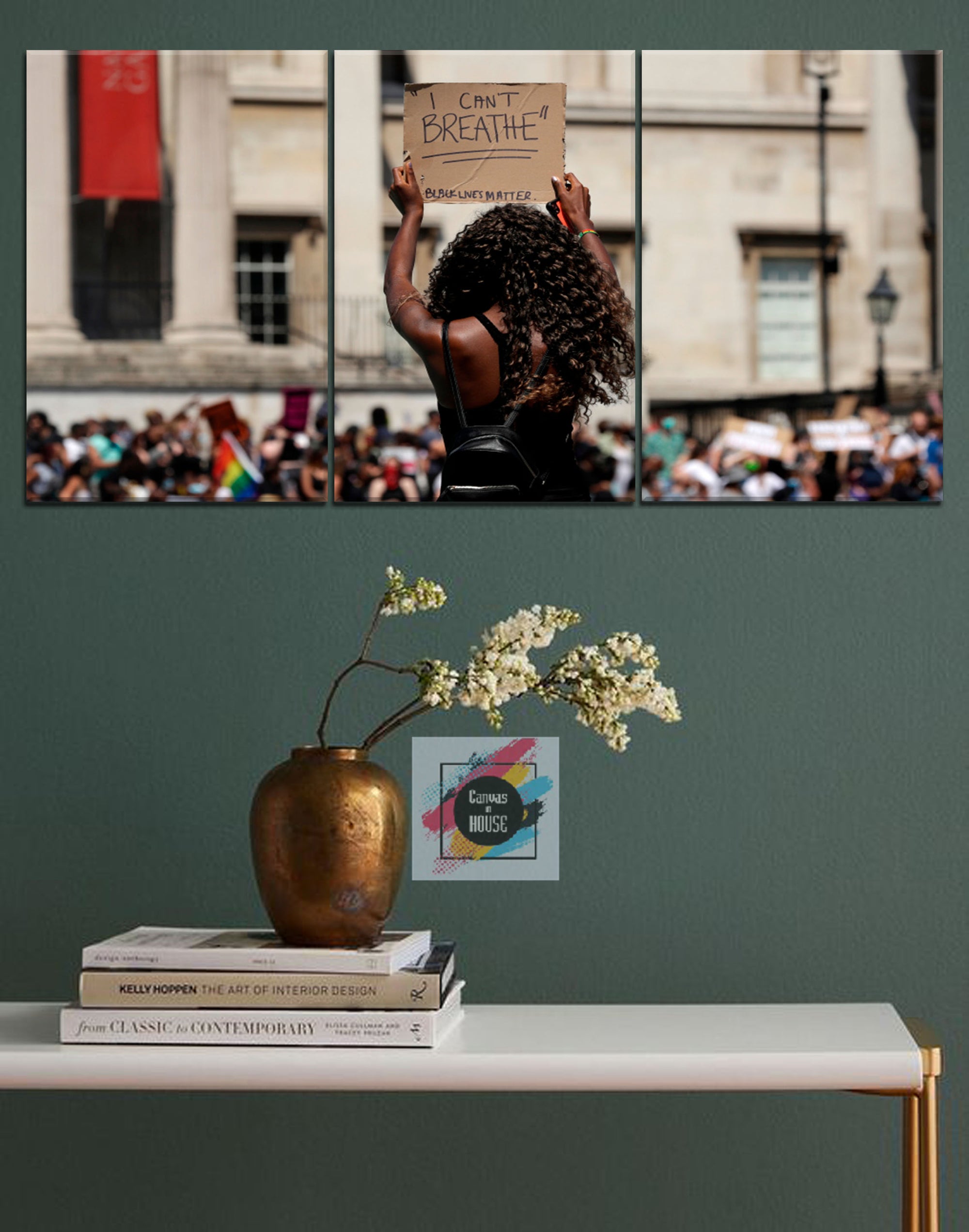 People Stand Up For Non Racist World And Justice For George Floyd I Can't Breathe 2 3 Pieces Wall Art Canvas