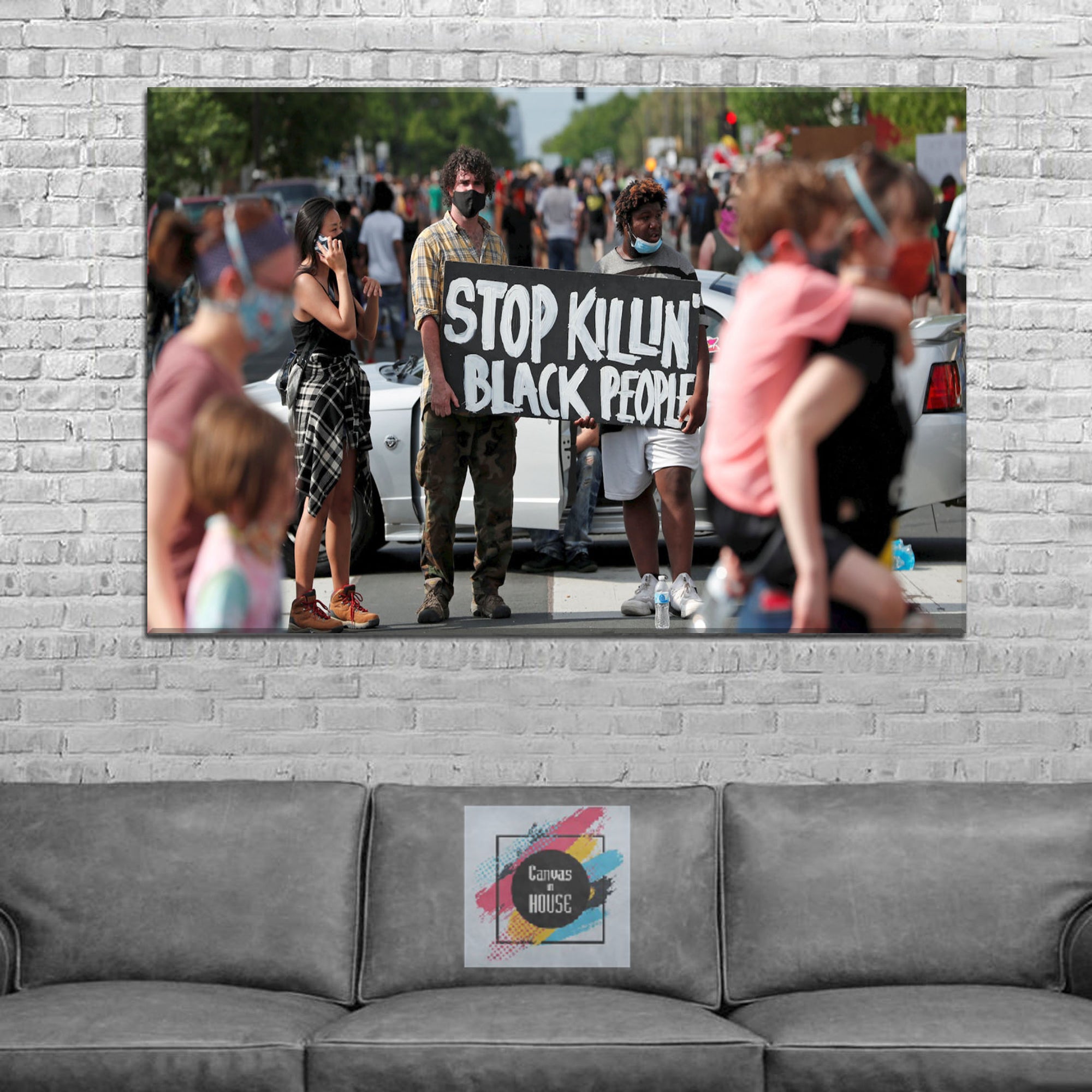 People Stand Up For Non Racist World And Justice For George Floyd I Can't Breathe 3 1 Pieces Wall Art Canvas