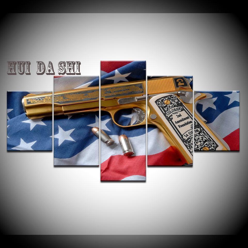 2nd Amendment Gold Gun American Flag Army Canvas Wall Art