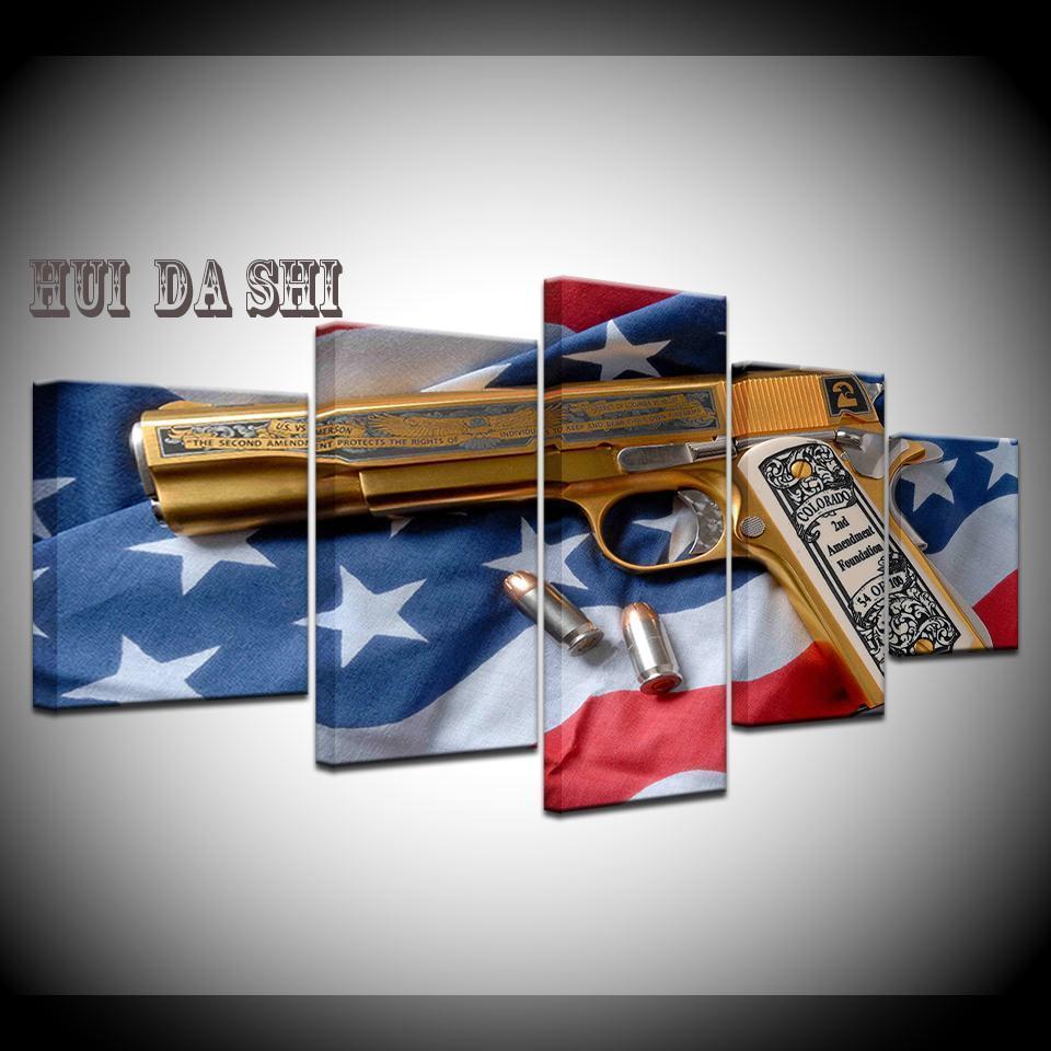 2nd Amendment Gold Gun American Flag Army Canvas Wall Art