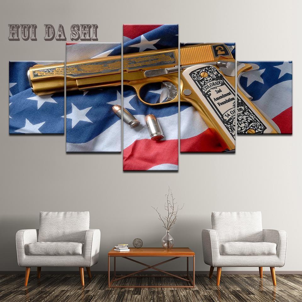 2nd Amendment Gold Gun American Flag Army Canvas Wall Art