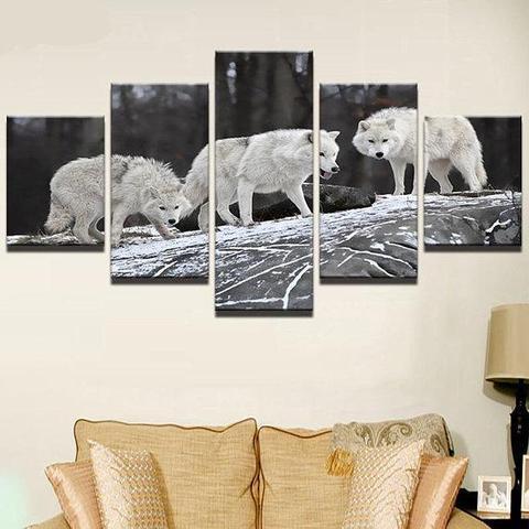 3 White Wolves Animal Canvas Wall Art