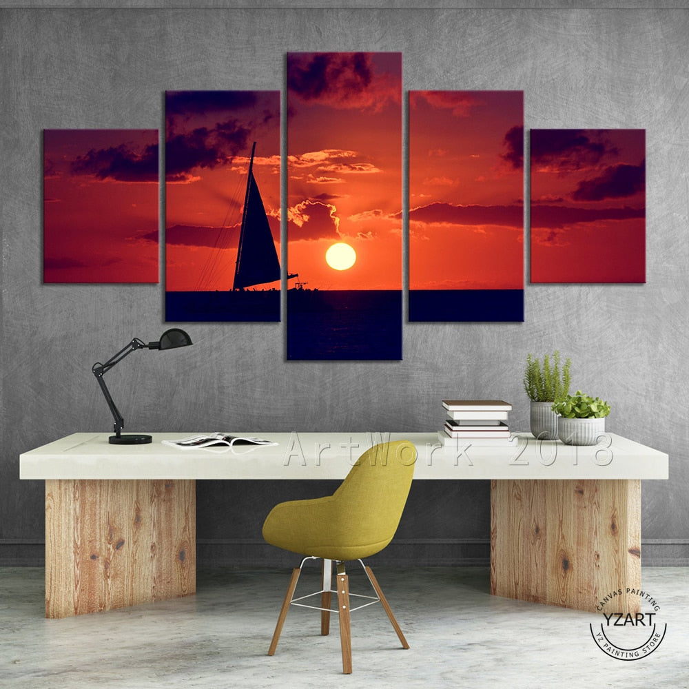 The Sailboat Sunset HD Natural Scenery 5 Pieces Canvas Wall Art