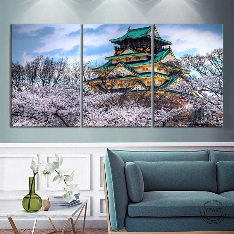 Sakura Osaka Castle Japanese Nature 3 Pieces Canvas Wall Art