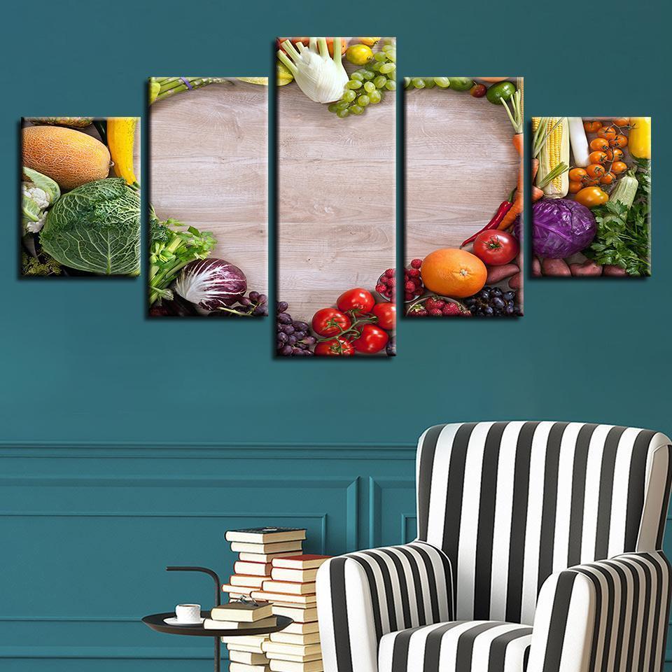 A Heart Made With Vegetables And Fruits Kitchen Canvas Wall Art