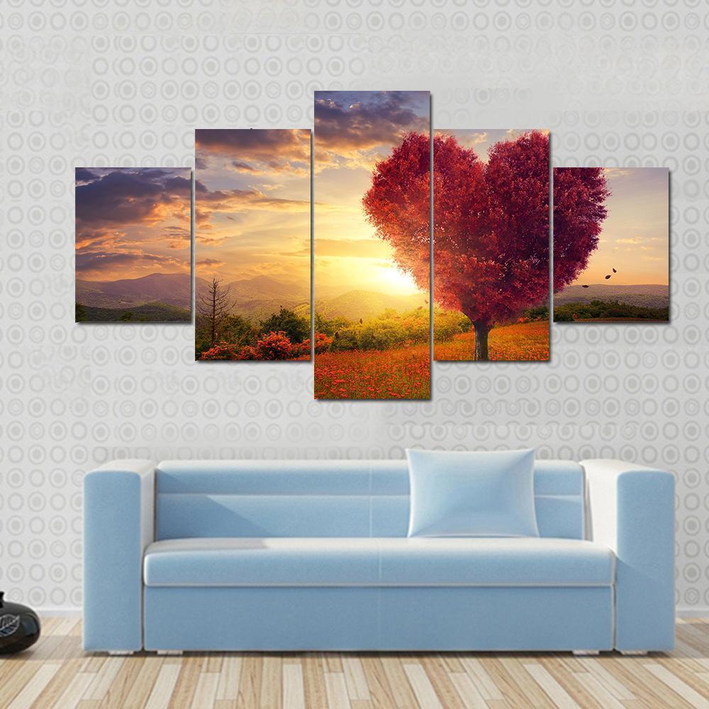 A Red Heart Shaped Tree At Sunset Nature Canvas Wall Art