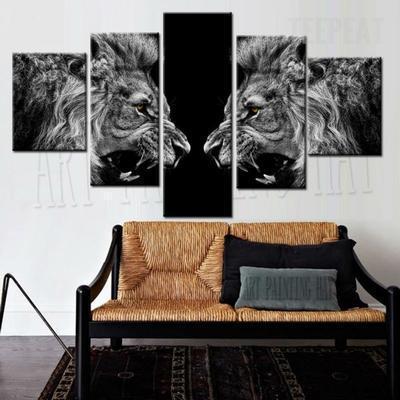 A Roaring Brown Eyes Lions Black &amp;amp; White Abstract Canvas Wall Art