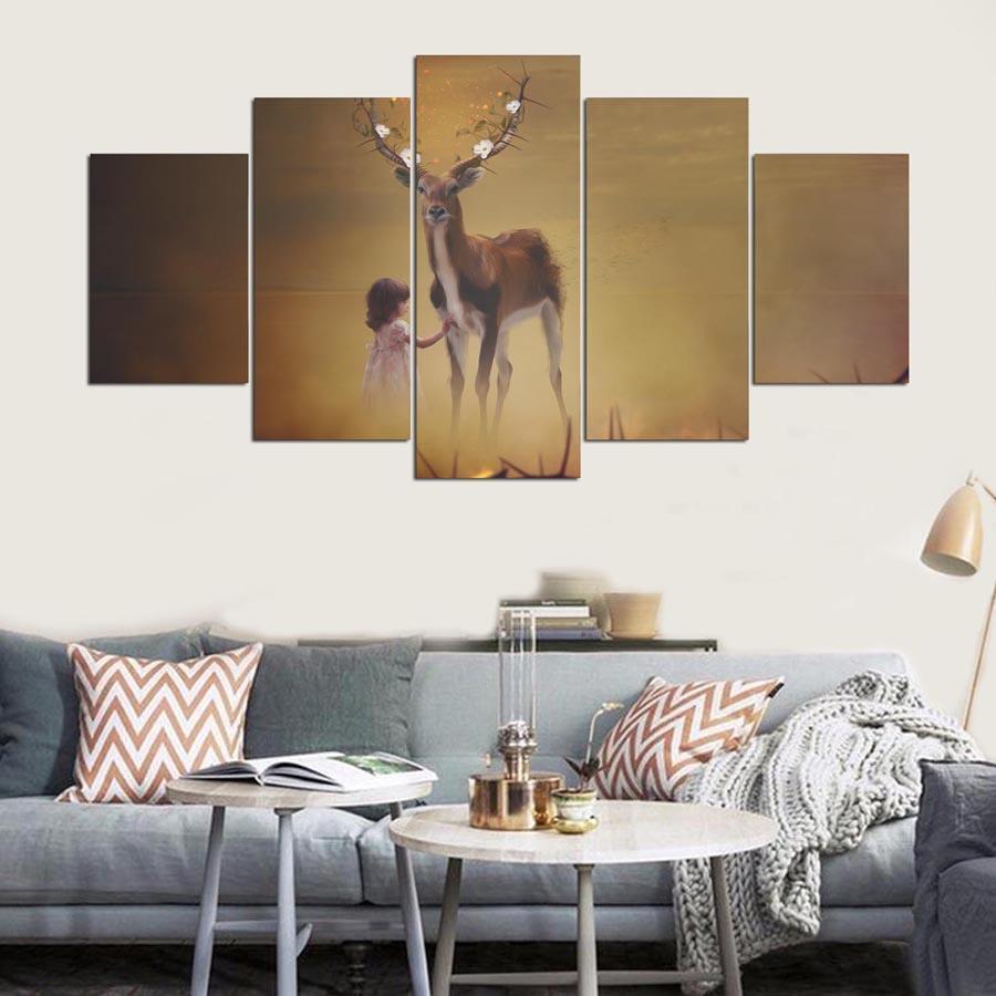Abstract Girl Deer Modern Animal Canvas Wall Art