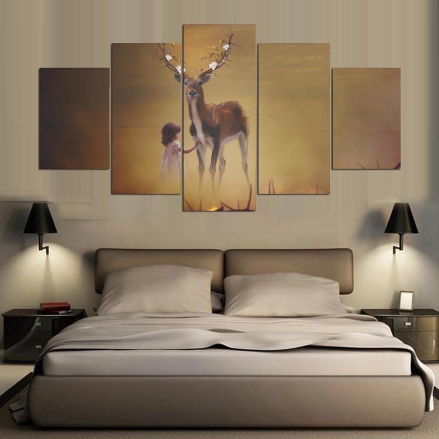 Abstract Girl Deer Modern Animal Canvas Wall Art
