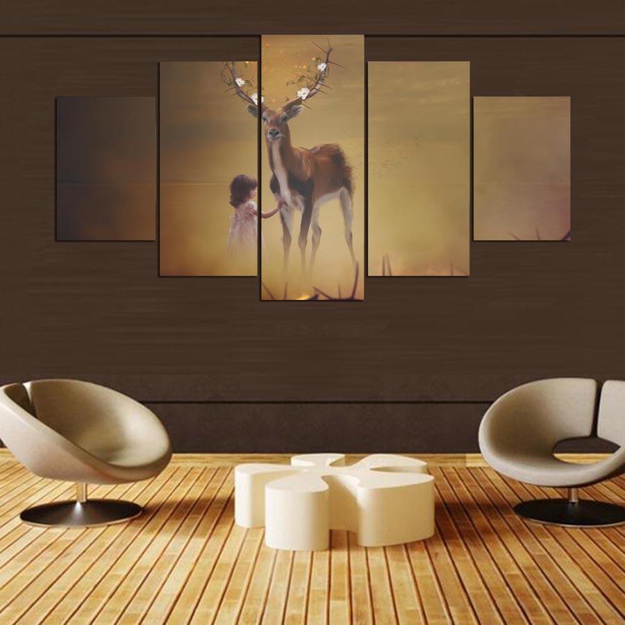 Abstract Girl Deer Modern Animal Canvas Wall Art