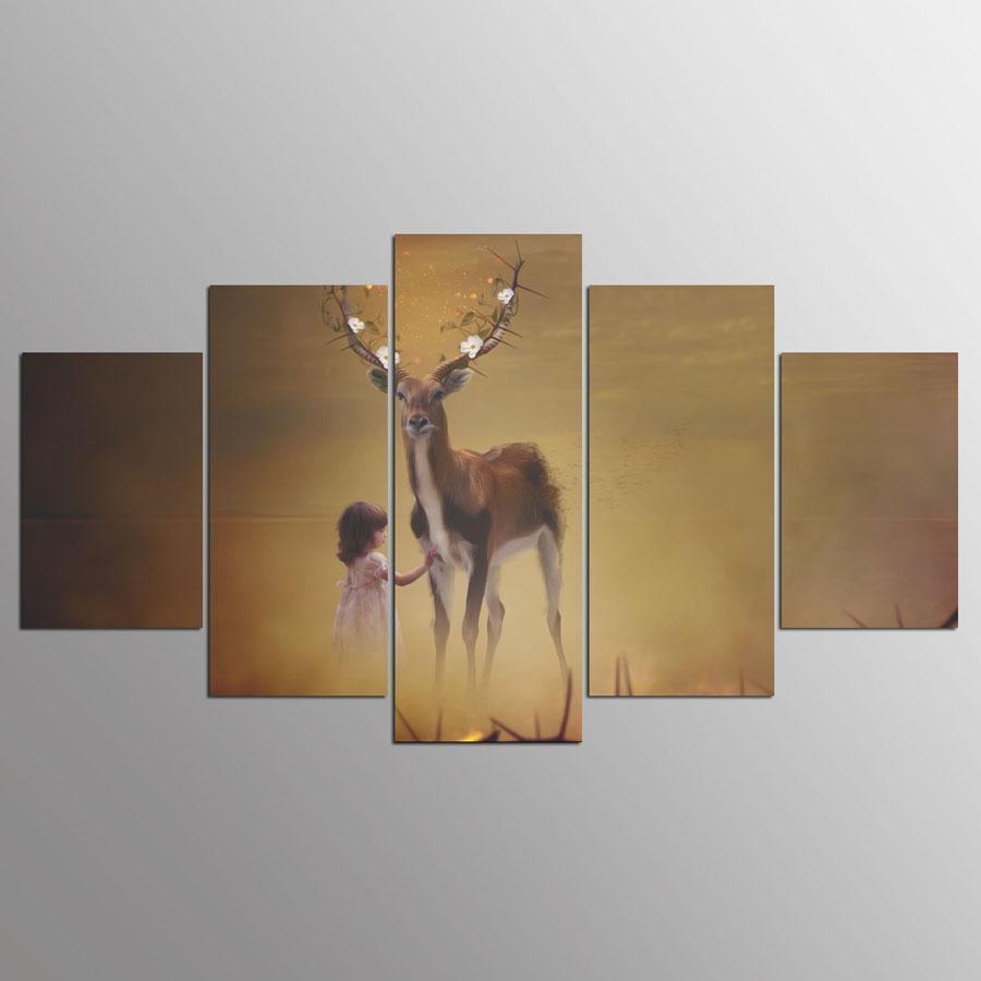 Abstract Girl Deer Modern Animal Canvas Wall Art