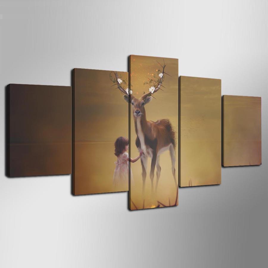 Abstract Girl Deer Modern Animal Canvas Wall Art