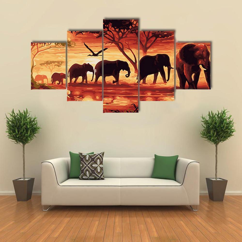 Abstract Of Elephants Herd In Jungle Animal Canvas Wall Art