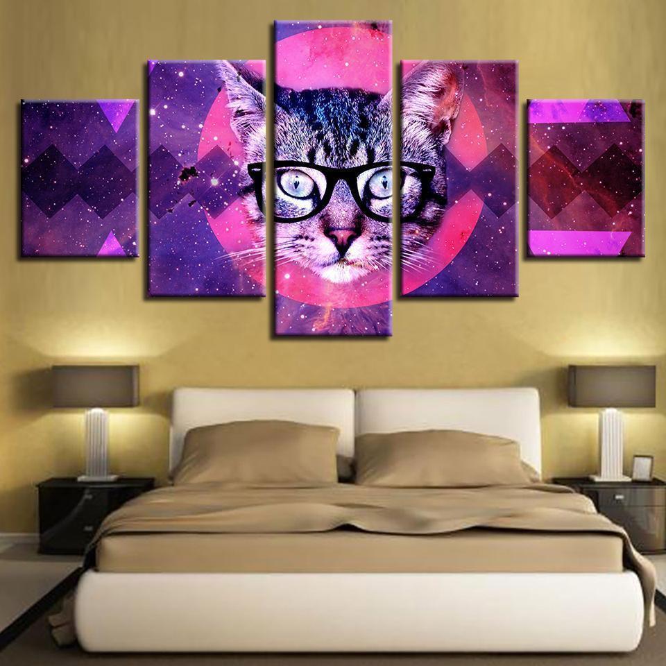 Abstract Red Moon Animal Cat With Glasses Animal Canvas Wall Art