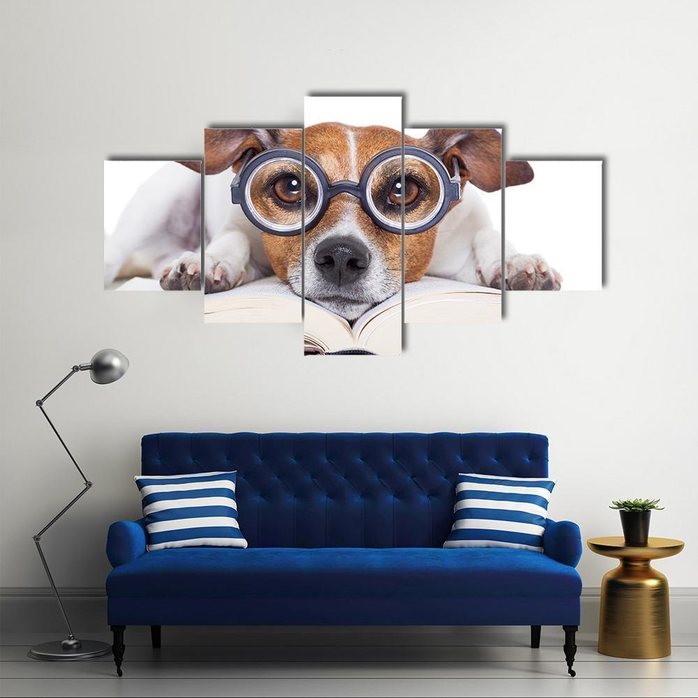 Ack Russell Dog Reading A Book With Nerd Glasses Animal Canvas Wall Art