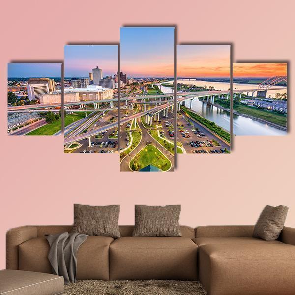 Aerial View With Downtown And Mud Island Nature Canvas Wall Art