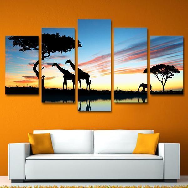 Africa Landscape Safari Giraffe At Sunset Animal Canvas Wall Art