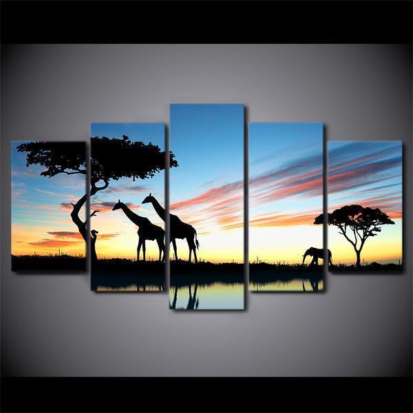 Africa Landscape Safari Giraffe At Sunset Animal Canvas Wall Art