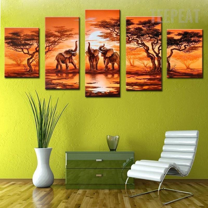African Elephants Before The Sunset Anime Canvas Wall Art