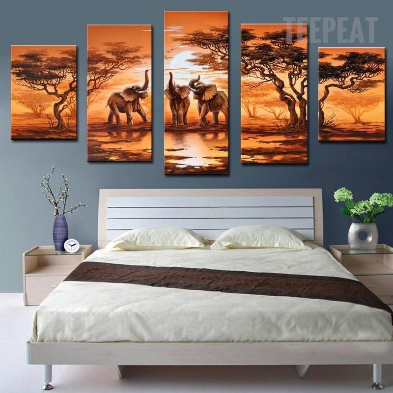 African Elephants Before The Sunset Anime Canvas Wall Art