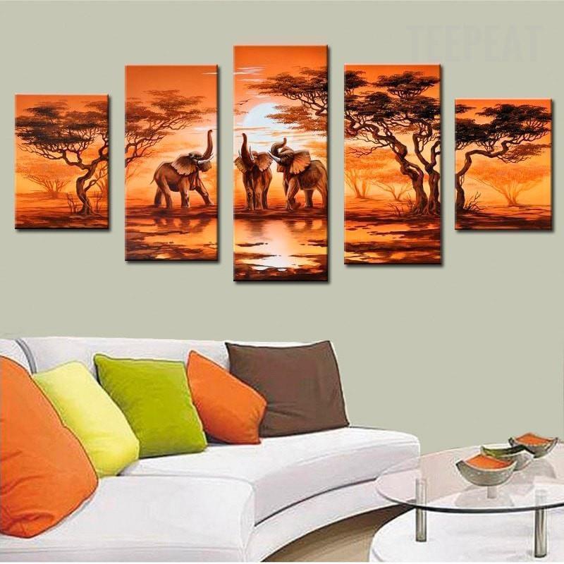 African Elephants Before The Sunset Anime Canvas Wall Art