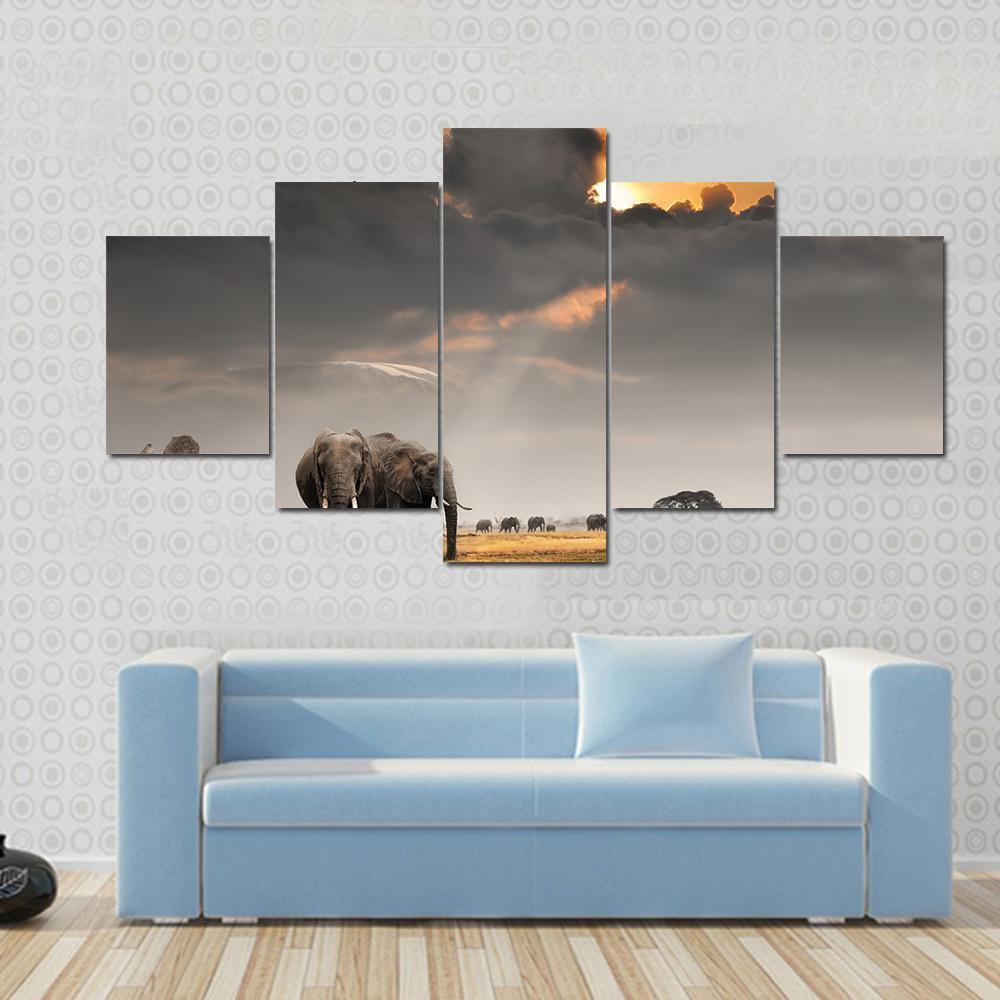 African Sunset With Elephants, Kilimanjaro Mountain Animal Canvas Wall Art
