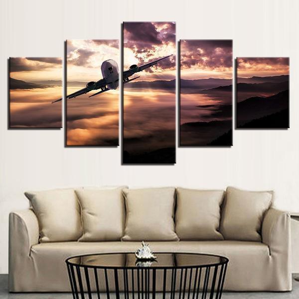 Aircraft Jet At Sunset Scenery Airplane Canvas Wall Art