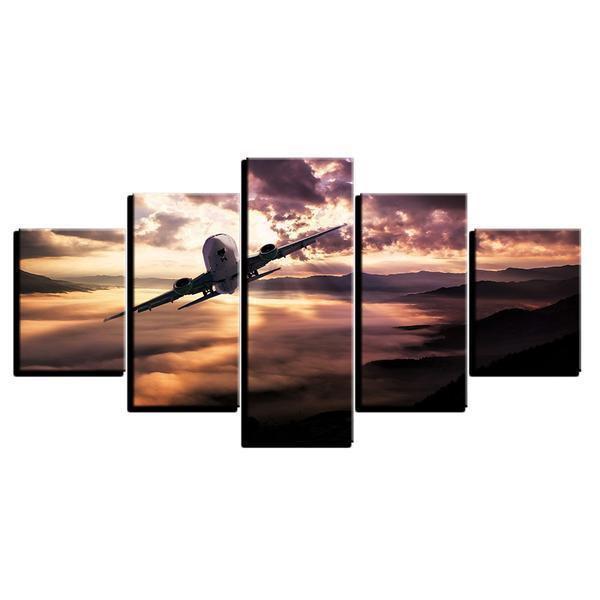 Aircraft Jet At Sunset Scenery Airplane Canvas Wall Art