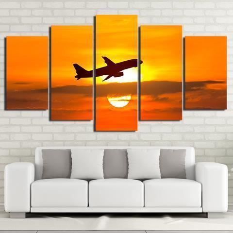 Airplane And Golden Sunset Airplane Canvas Wall Art