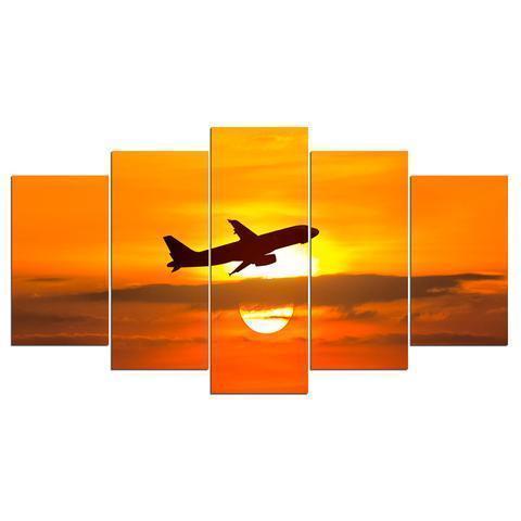 Airplane And Golden Sunset Airplane Canvas Wall Art
