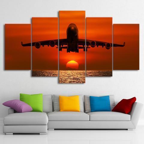 Airplane And Sunset Airplane Canvas Wall Art