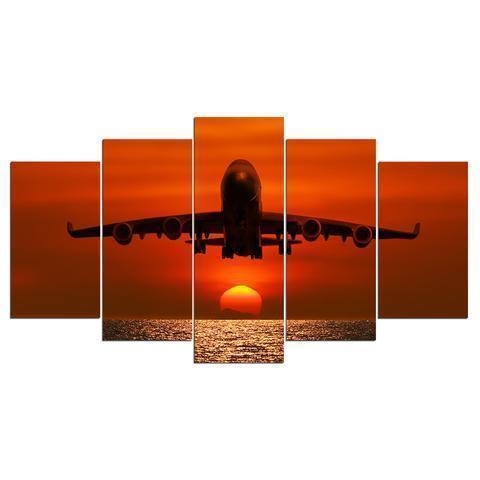 Airplane And Sunset Airplane Canvas Wall Art