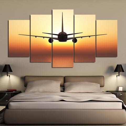 Airplane Fly With Golden Sunset Airplane Canvas Wall Art