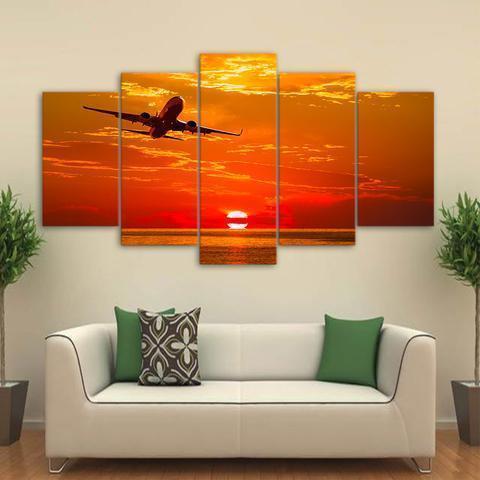Airplane Flying In Sunset Airplane Canvas Wall Art