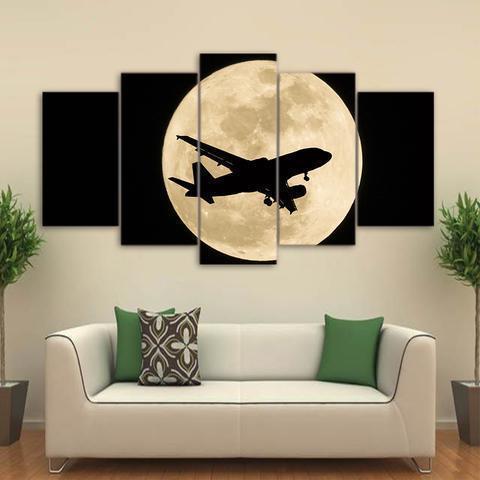 Airplane In Moon Night Airplane Canvas Wall Art