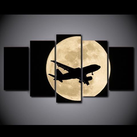 Airplane In Moon Night Airplane Canvas Wall Art