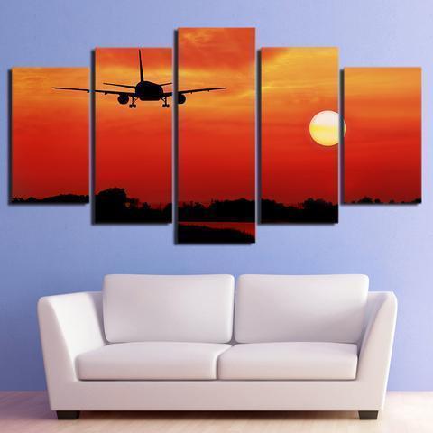 Airplane In Red Sunset Airplane Canvas Wall Art