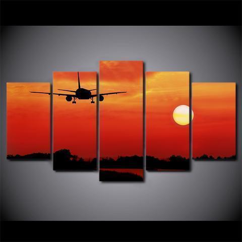 Airplane In Red Sunset Airplane Canvas Wall Art