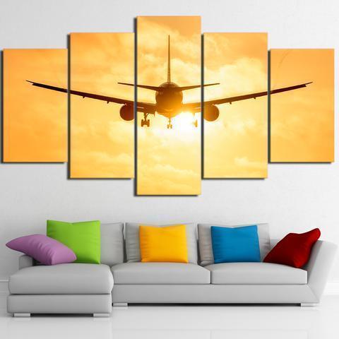 Airplane In Sunset Flying Airplane Canvas Wall Art
