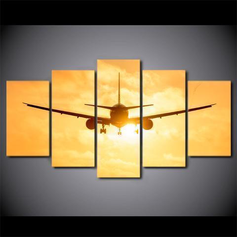 Airplane In Sunset Flying Airplane Canvas Wall Art