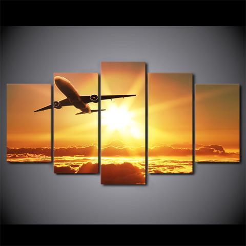 Airplane In Sunset Take Off Airplane Canvas Wall Art