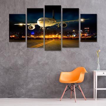Airplane Night Flight Landing Airplane Canvas Wall Art
