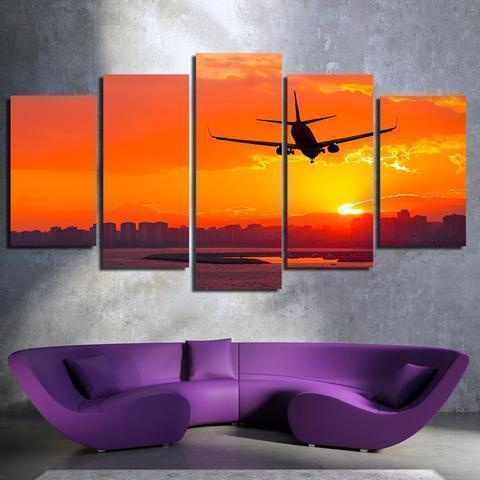 Airplane Sunset And Buildings Airplane Canvas Wall Art