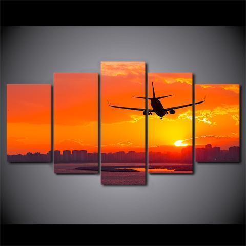 Airplane Sunset And Buildings Airplane Canvas Wall Art