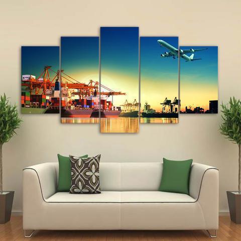Airplane Sunset In Port Airplane Canvas Wall Art