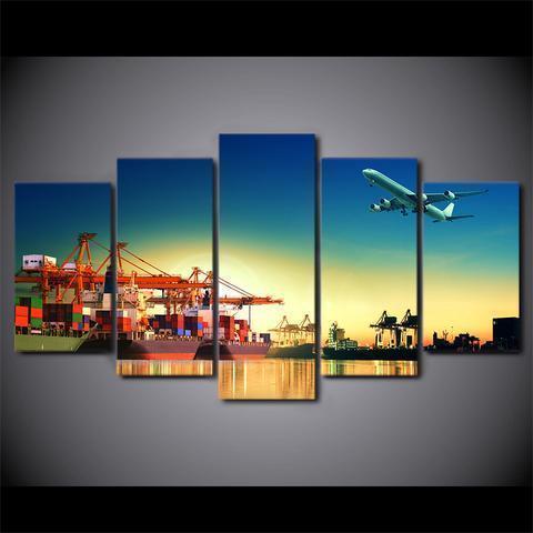 Airplane Sunset In Port Airplane Canvas Wall Art
