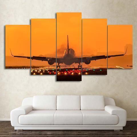 Airplane With Colorful Runway In Sunset Airplane Canvas Wall Art