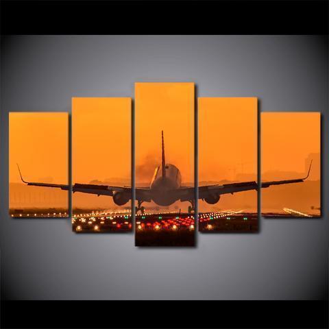 Airplane With Colorful Runway In Sunset Airplane Canvas Wall Art