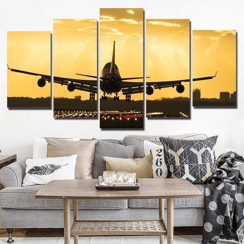 Airplane With Golden Sunset Airplane Canvas Wall Art