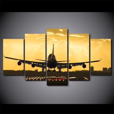 Airplane With Golden Sunset Airplane Canvas Wall Art